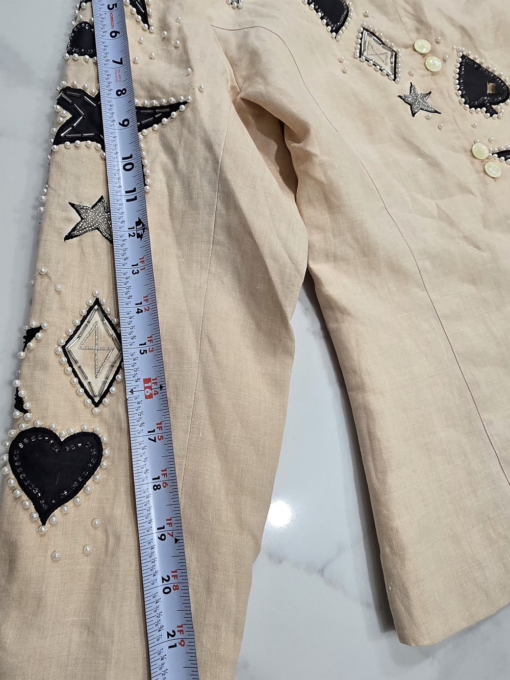 Vintage Ann Gerlin 100% Linen Beaded Skirt Suit Set Tan Stars Hearts Size 6 - Picture 14 of 16